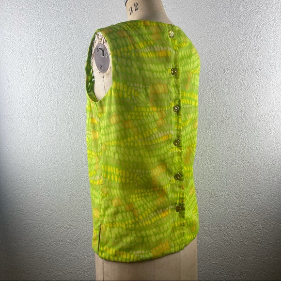 Vintage l 60s M Bright Green Criss-Cross Lattice Neckline Button-Down Back Shell - Picture 6 of 14